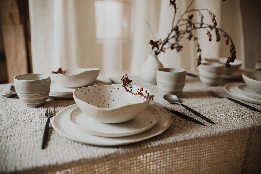 Speckled White Stoneware Dinner Set