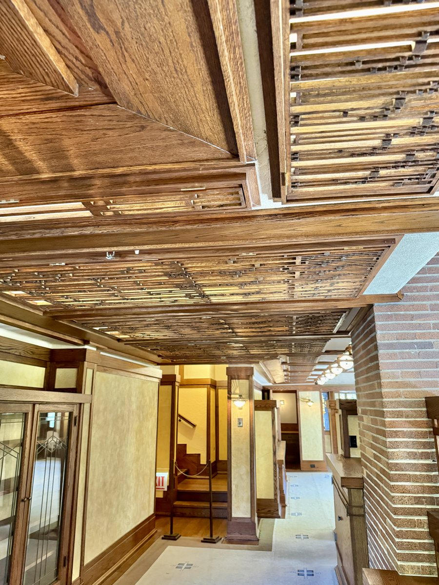 Robie House woodwork: compare the warmth of timber with the adjoining wall surfaces.