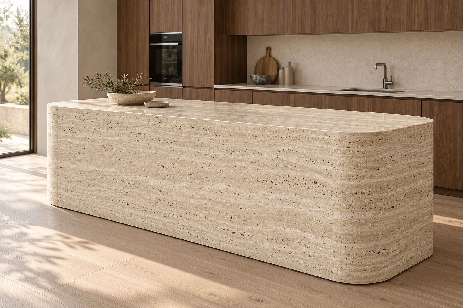 Conceptual design visualization of Sculptural Kitchen Island in Beige Travertine