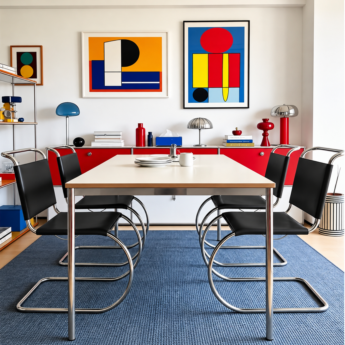 [color: noir] A modern dining room scene with a rectangular light wood table surrounded by four black chairs with chrome S-shaped metal frames, set on a blue textured rug. The room features a white wall with two colorful abstract geometric paintings, a red sideboard, and various decorative items.