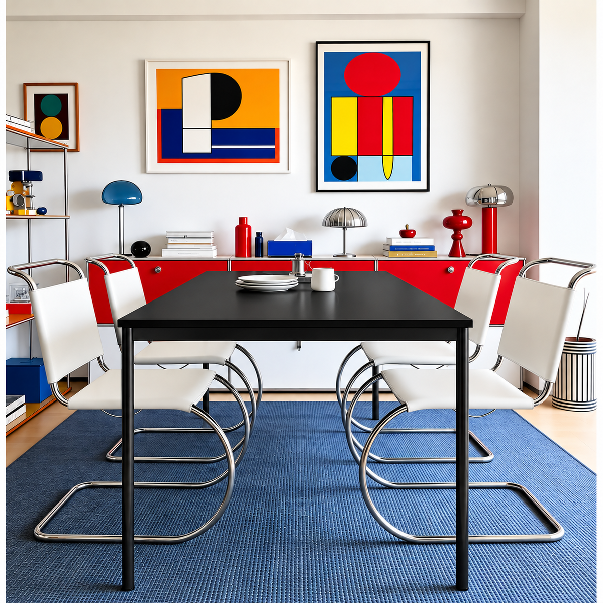 [color: ivory] A modern dining room scene with a black rectangular table and six white cantilever chairs with chrome S-shaped legs, set on a blue rug in a brightly lit room with colorful abstract wall art and red cabinetry.