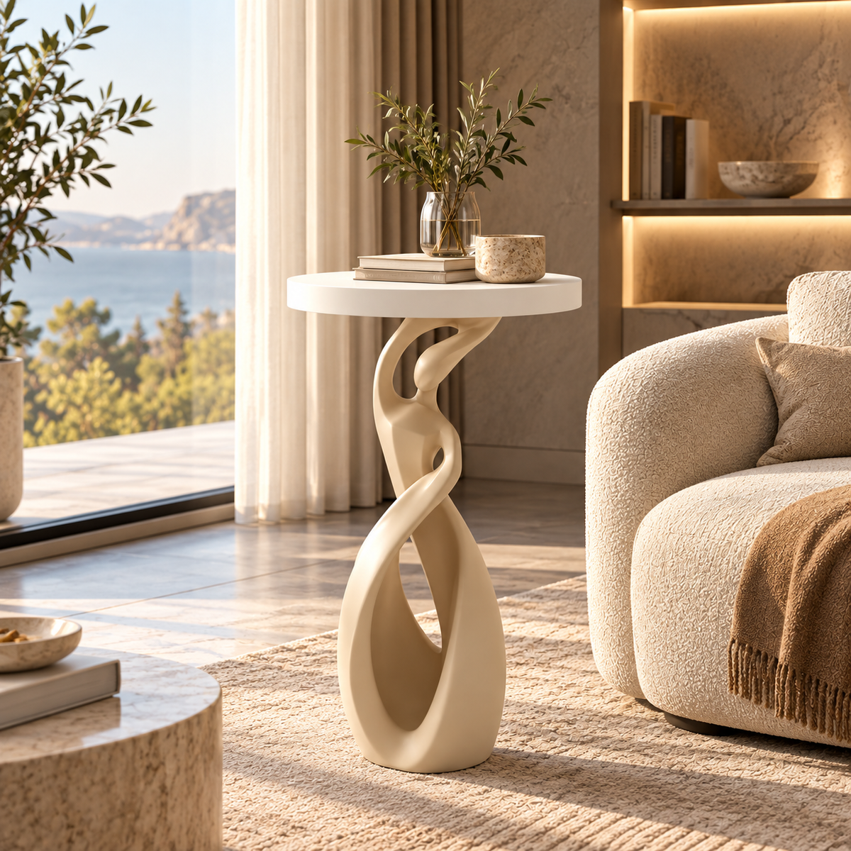 A modern round side table with a sculptural twisted base in a warm cream finish, styled in a luxurious living room next to a beige boucle sofa with a view of the sea in the background.