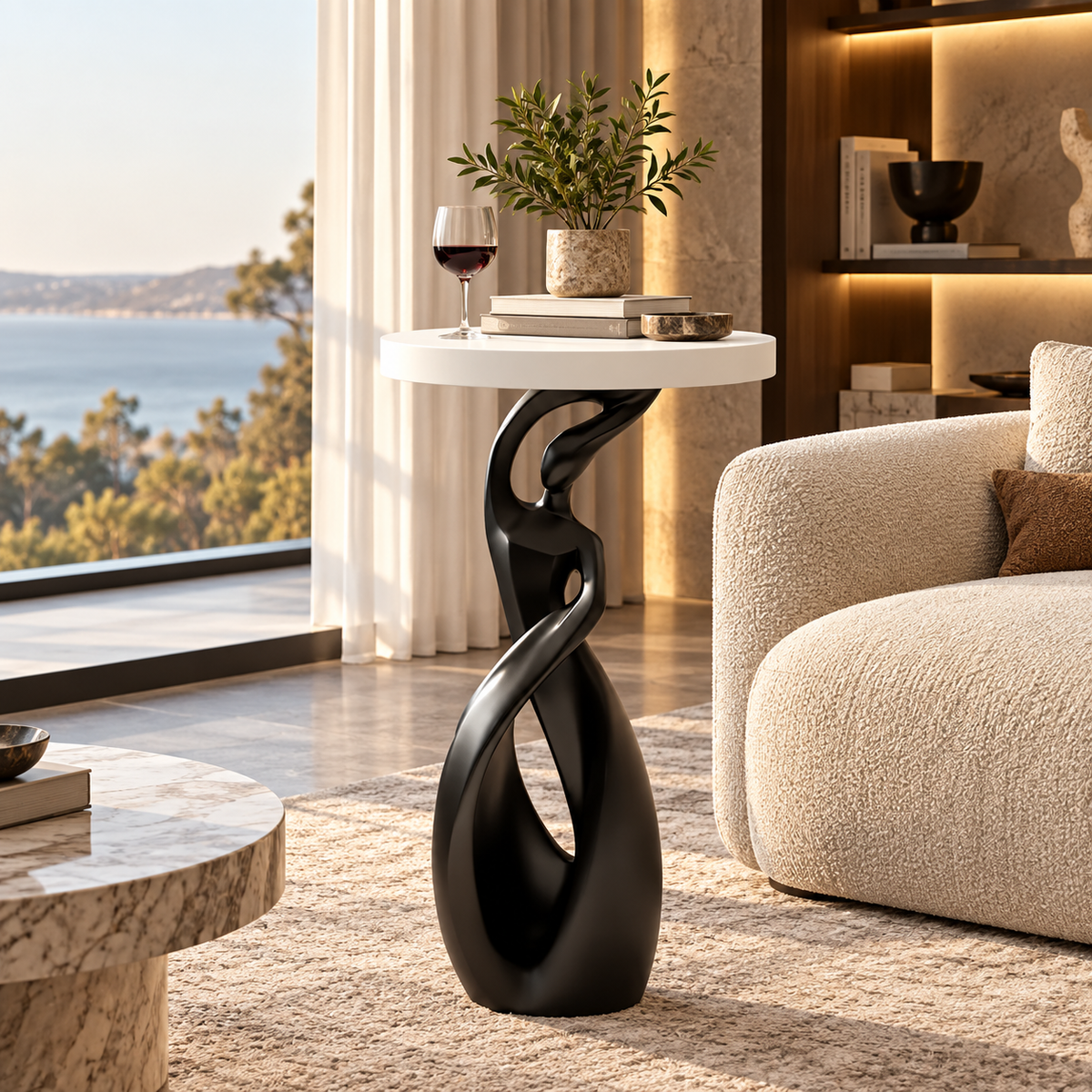 A modern black sculptural side table with a white round top, styled in a luxurious living room next to a beige boucle sofa with a wine glass and a potted plant on top.