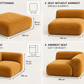 A four-panel size guide showing different seating configurations of a mustard yellow corduroy modular sofa on a light gray background. The panels label the footrest (ottoman), seat without armrest, corner seat, and armrest seat with dimensions and top-down views.