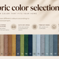 A fabric color selection chart with the heading 'Fabric color selection' and a row of 20 fabric swatches in neutral and muted tones, including beige, brown, tan, blue, green, gray, and charcoal. Text on the chart says you can choose different colors according to your home environment and includes the code K3115.