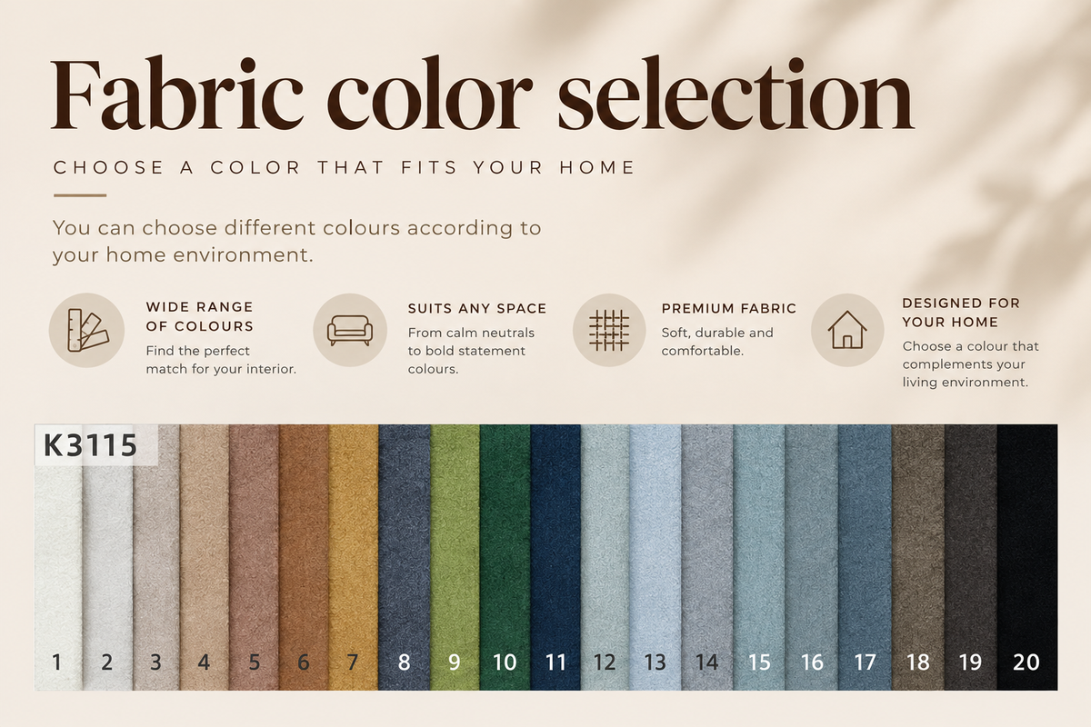 A fabric color selection chart with the heading 'Fabric color selection' and a row of 20 fabric swatches in neutral and muted tones, including beige, brown, tan, blue, green, gray, and charcoal. Text on the chart says you can choose different colors according to your home environment and includes the code K3115.
