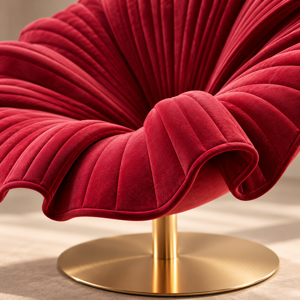 [color:pink] A close-up of a modern accent chair with a pleated, ruffled velvet seat in deep red, supported by a brushed gold metal pedestal base.