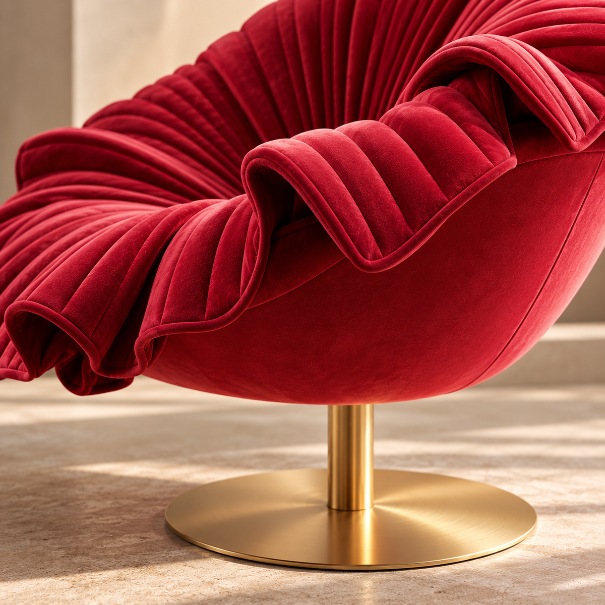 [color:pink] A close-up of a luxurious red velvet swivel chair with dramatic pleated detailing and a brushed gold metal pedestal base, set against a neutral beige background.