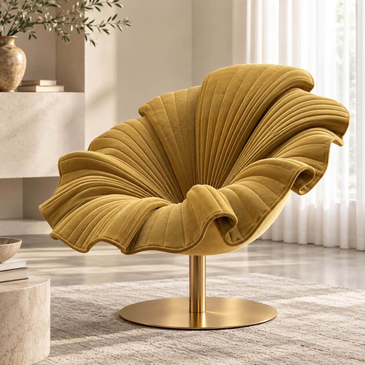 [color:yellow] A modern shell-shaped accent chair upholstered in textured mustard yellow fabric with a brushed gold metal pedestal base, set in a bright, contemporary living room.