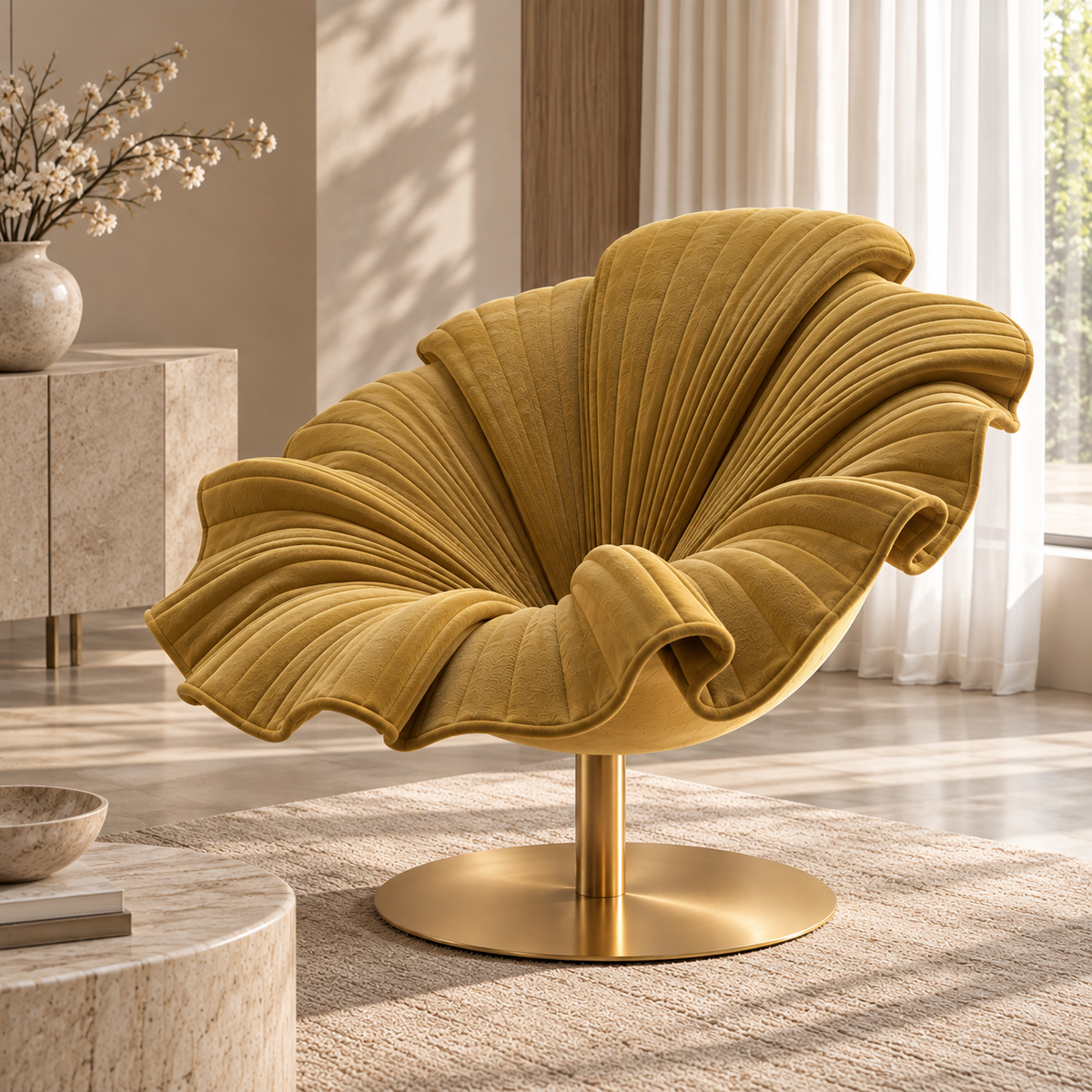 A modern sculptural accent chair with a pleated, shell-like backrest in mustard yellow velvet, mounted on a round brushed gold metal pedestal base. The chair is styled in a bright, sunlit living room setting.