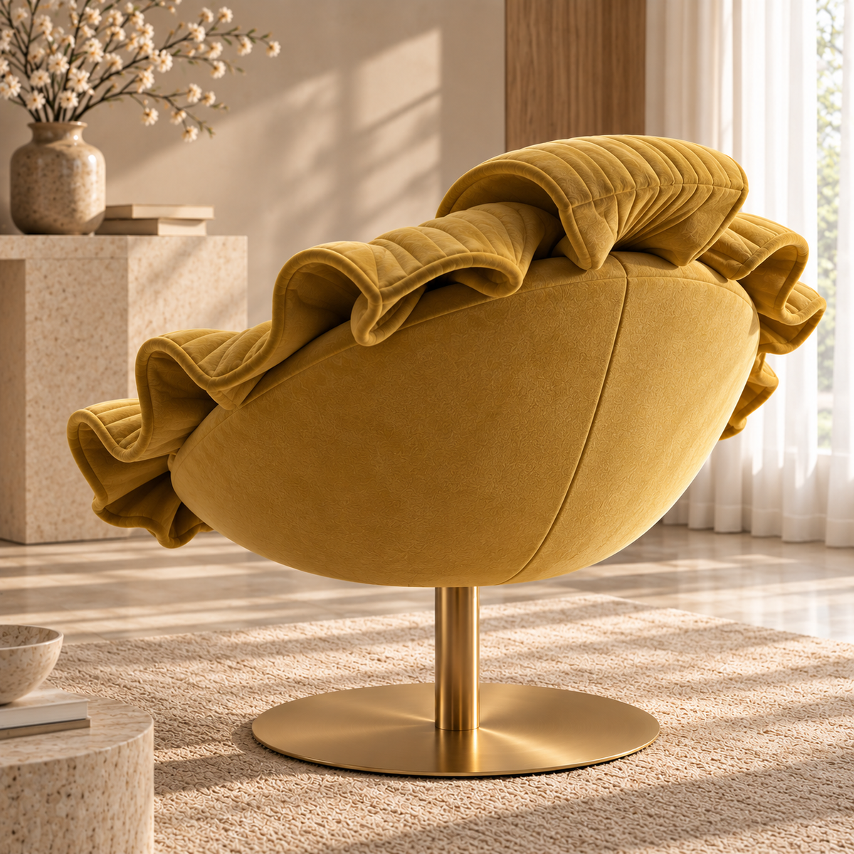 A modern ruffled velvet lounge chair in mustard yellow with a round gold metal pedestal base, set in a warm, sunlit living room.
