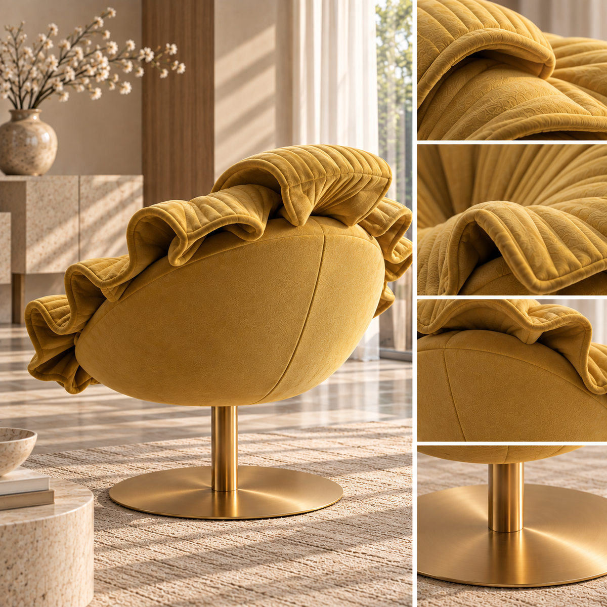 A plush oval accent chair upholstered in mustard yellow velvet with a ruffled backrest and a round brushed gold metal swivel base, shown in a styled interior. The right side includes four close-up detail panels highlighting the fabric texture and upholstery details.