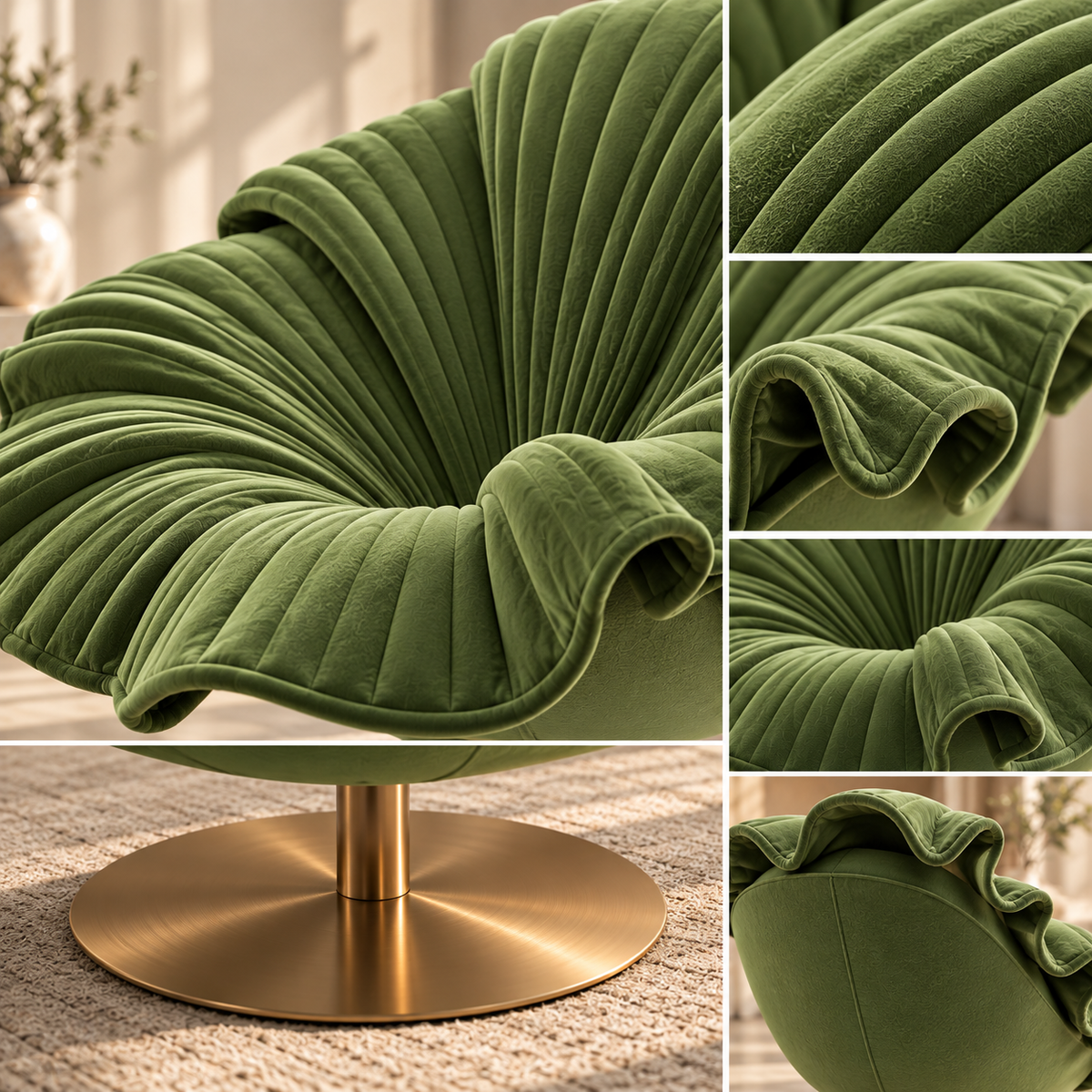 [color:green] An olive green velvet swivel chair with a flared, pleated ruffled seat and a round brushed brass base, shown in a styled interior setting with close-up detail panels.