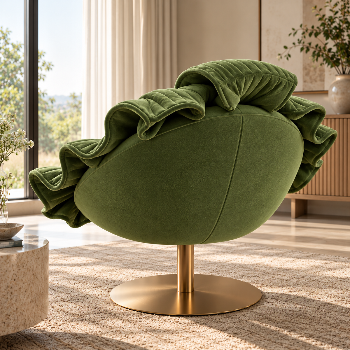 [color:green] An oval-shaped green velvet swivel chair with a ruffled backrest, mounted on a round gold metal base, set in a bright, modern living room.
