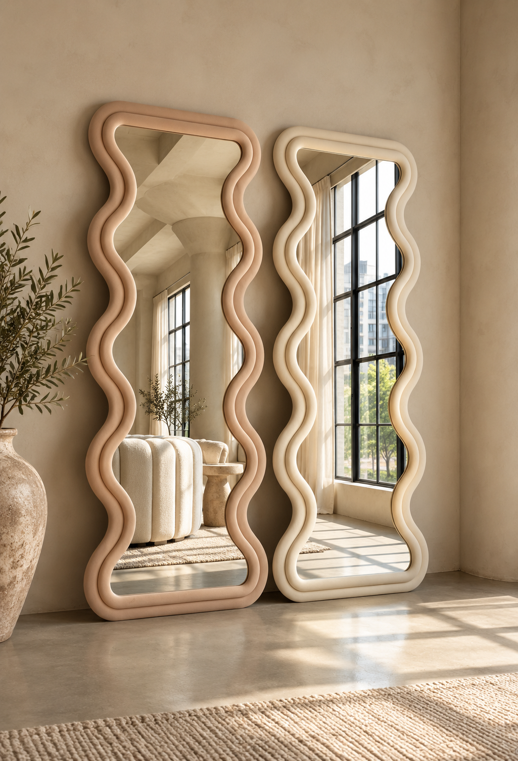 [color:ivory] Two tall wavy-framed mirrors in colors ivory and rose leaning against a beige wall in a sunlit room. One mirror has a light blush pink frame, and the other has an off-white frame.