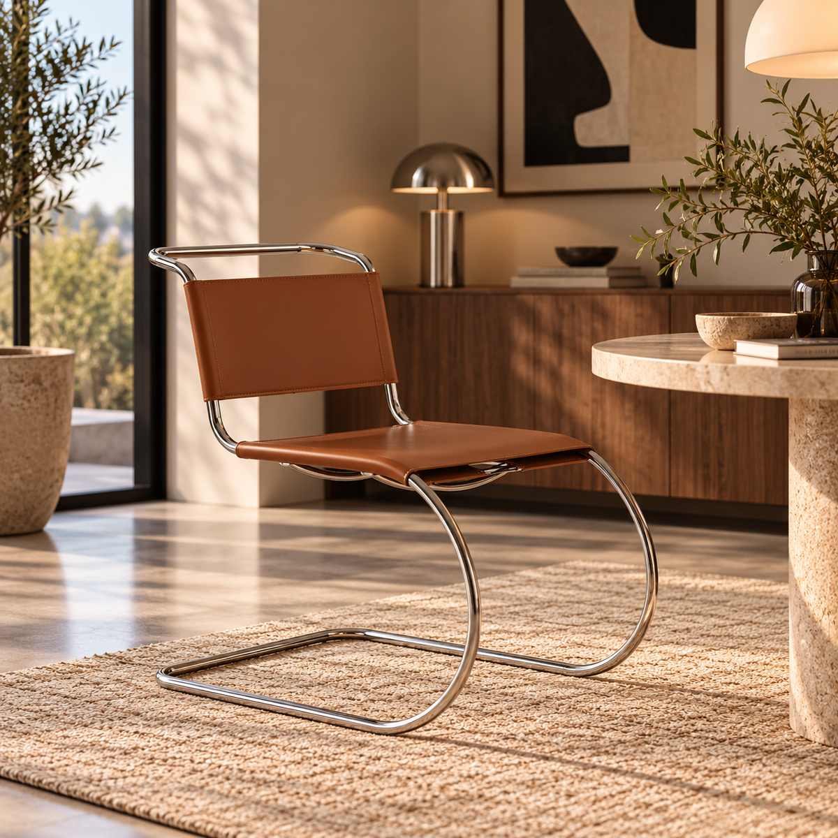 [color: cognac] A modern cantilever chair with a warm brown leather seat and backrest, supported by a curved polished chrome metal frame, set in a stylishly decorated living room on a textured beige rug.