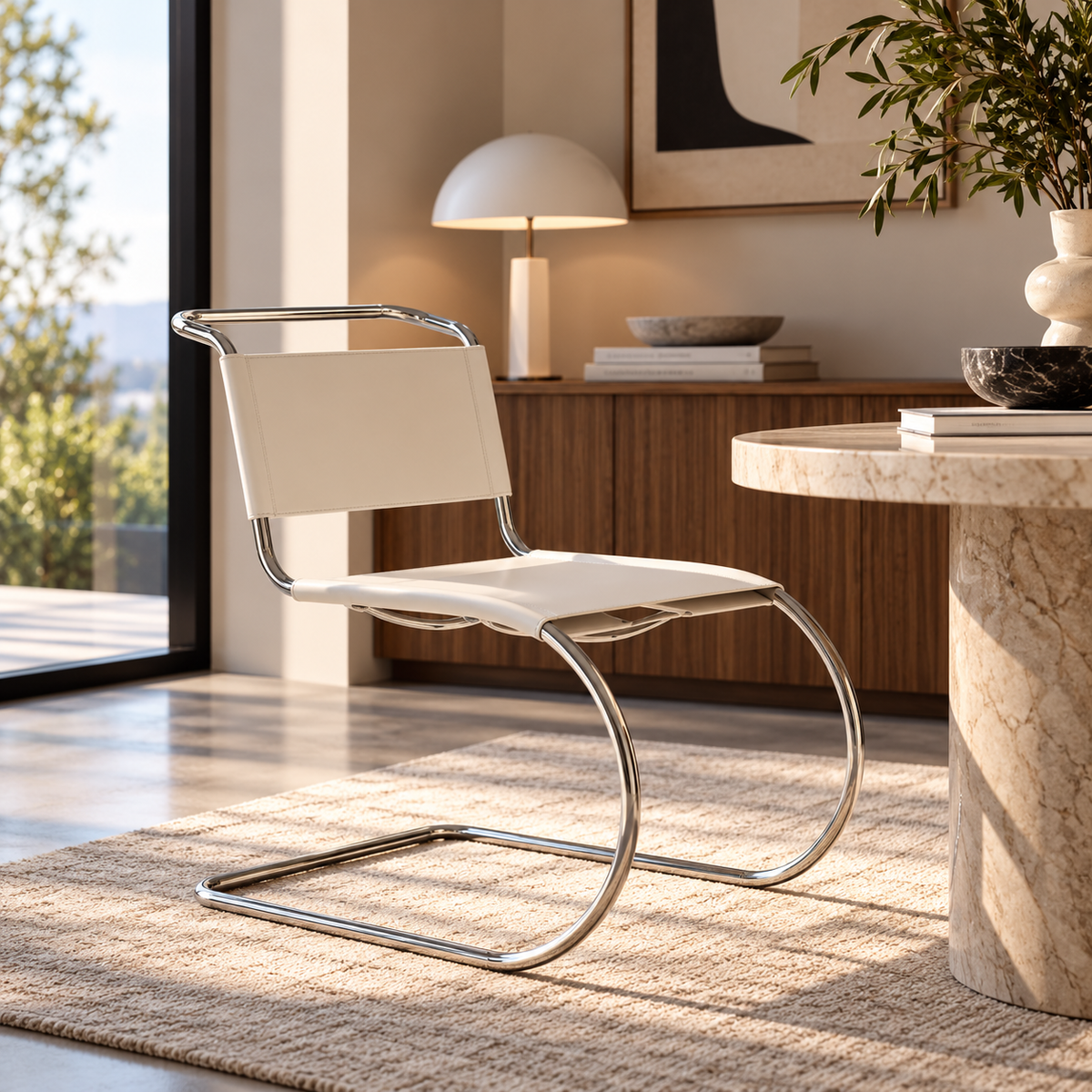 [color: ivory] A modern cantilever chair with a cream upholstered seat and backrest and a curved chrome metal base, shown in a stylishly decorated living room next to a marble side table.
