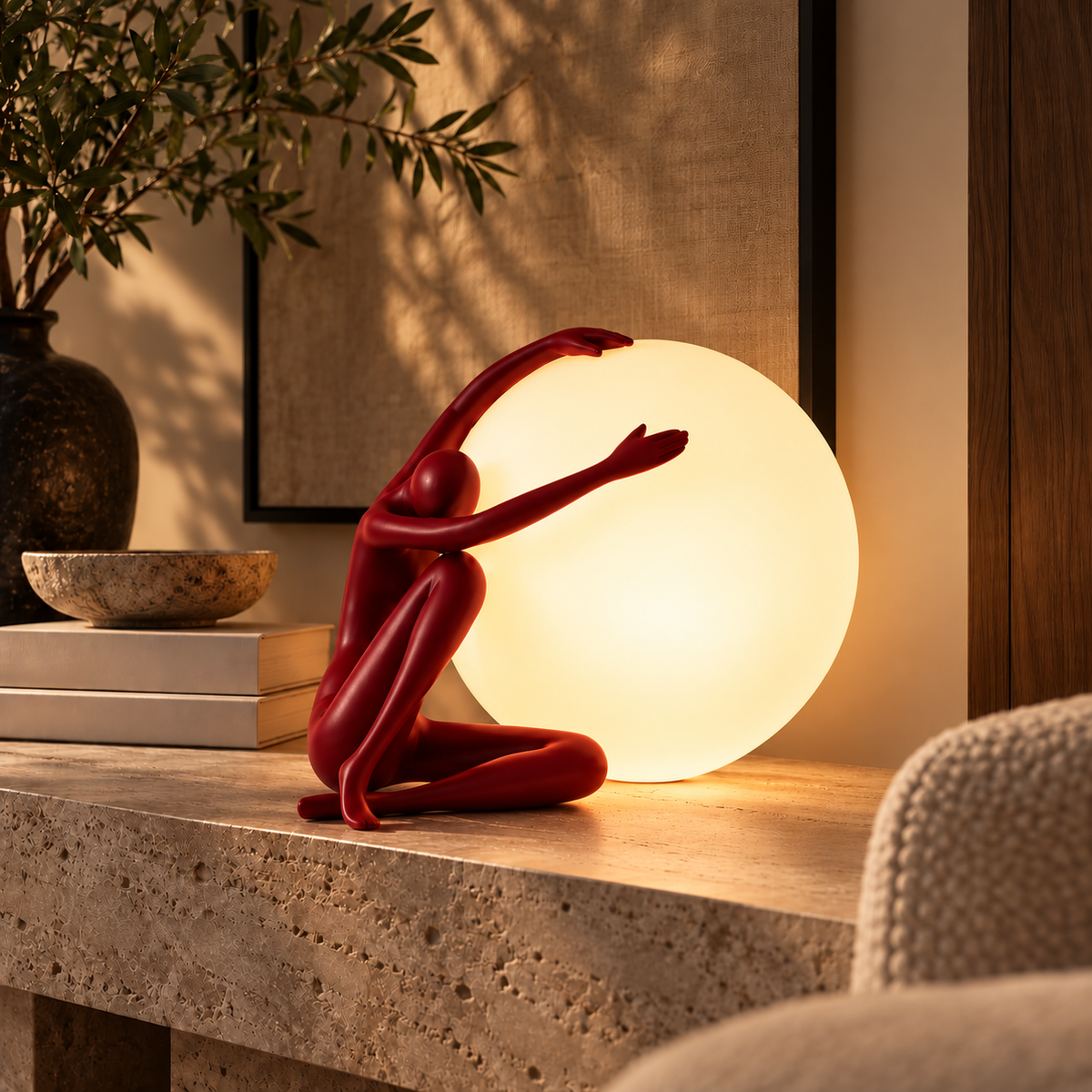 Red figurative table lamp with a seated human figure beside a glowing white spherical shade