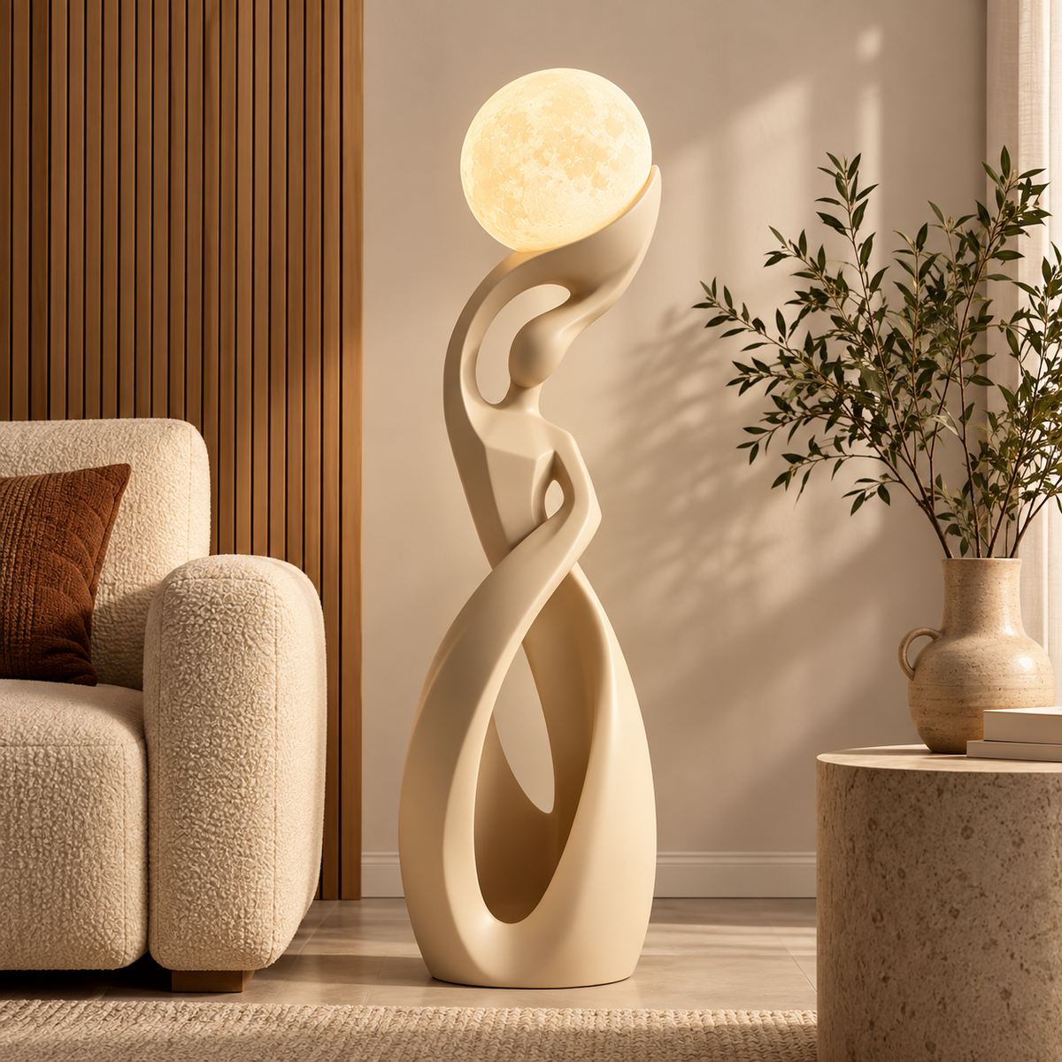 A sculptural floor lamp with a glowing spherical moon-like bulb, standing in a warm, modern living room beside a cream sofa and a vase of greenery.