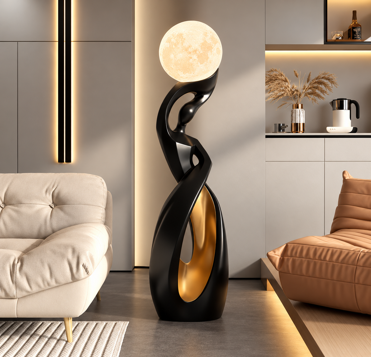 A modern abstract floor lamp with a glowing spherical moon-like bulb, a black sculptural body, and a gold interior accent, placed in a contemporary living room beside a sofa and chair.