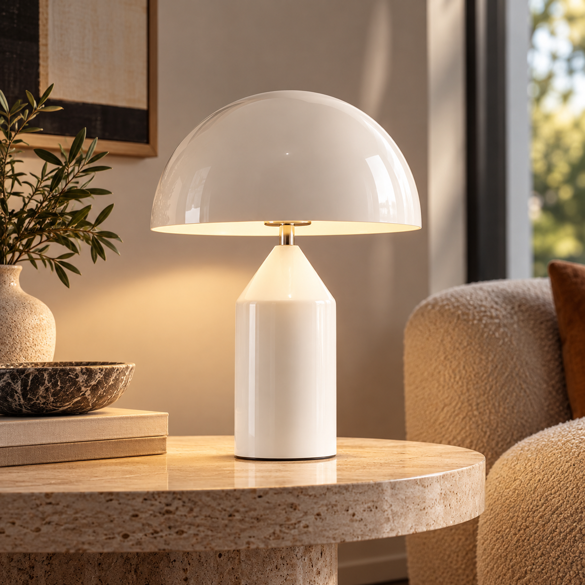 [color: white] White mushroom lamp on a round marble table 