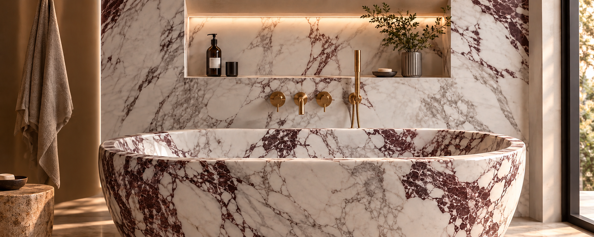 Bespoke natural stone bathroom with sculptural marble bathtub