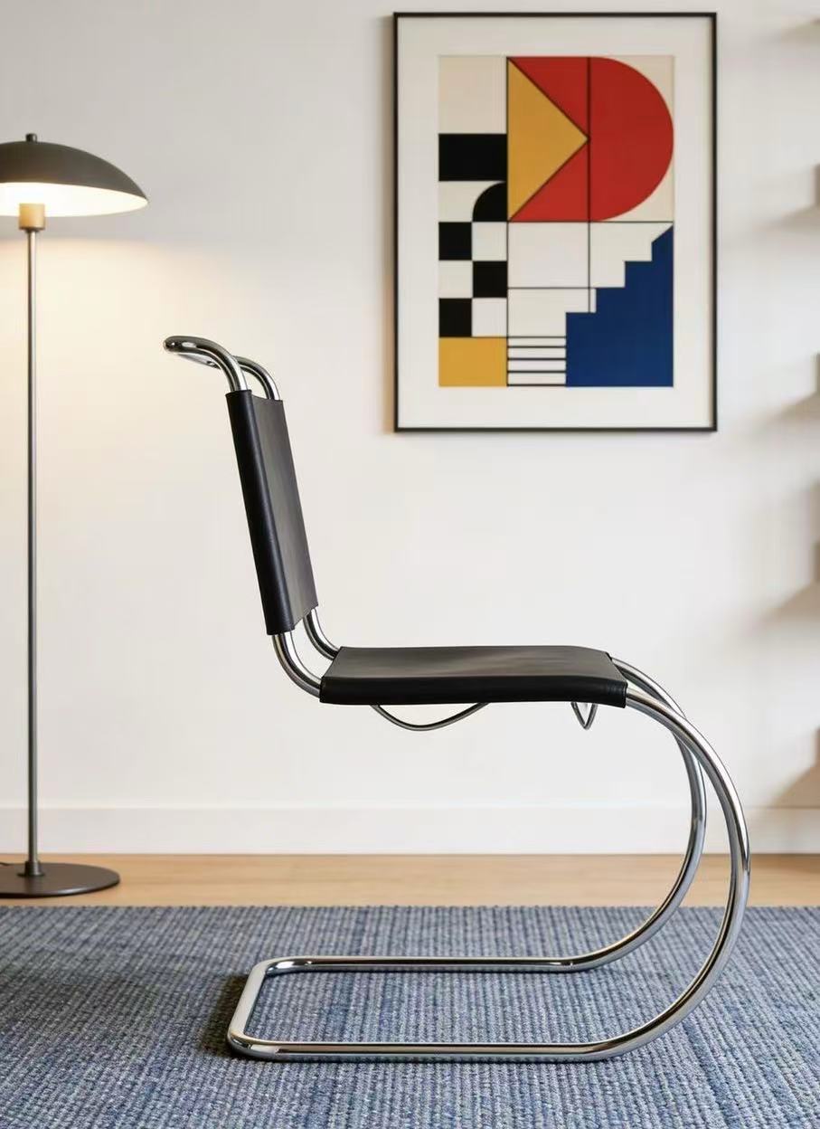[color: noir] A modern cantilever chair with a black leather seat and backrest and a curved chrome base, shown in a styled room setting with a blue rug, floor lamp, and abstract art on the wall.