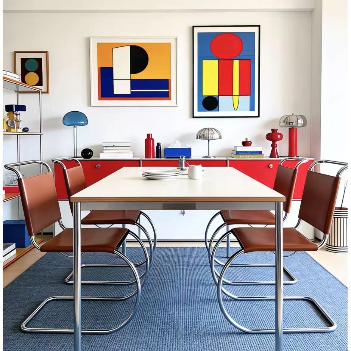 [color: cognac] A modern dining room setup featuring a rectangular table with a light wood top and chrome frame, surrounded by six chairs with brown leather seats and chrome frames. The room is decorated with mid-century modern furniture, including a red sideboard, colorful lamps, and abstract art prints on the wall.