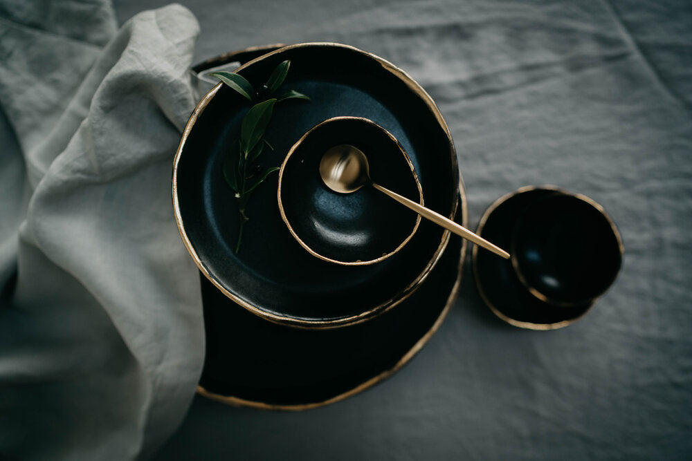 Dinner Set Black Stoneware With Gold Edge