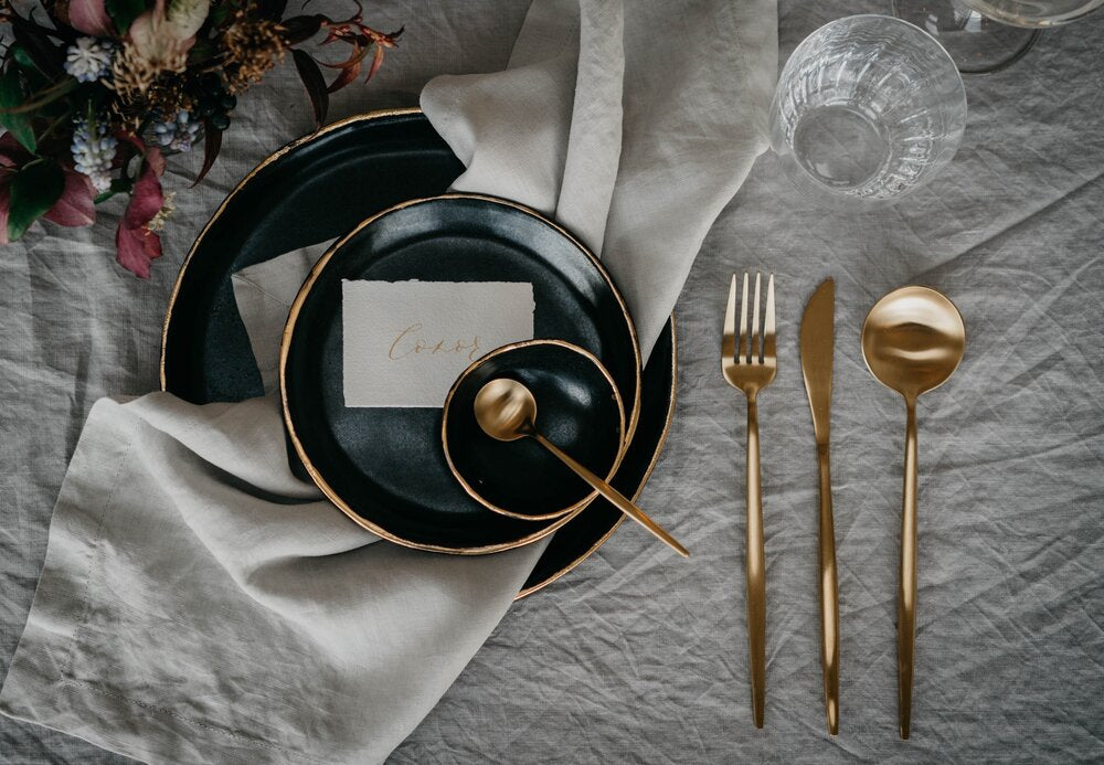 Dinner Set Black Stoneware With Gold Edge