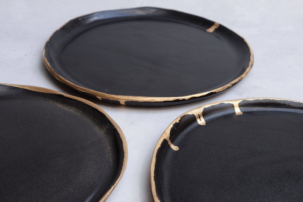 Dinner Set Black Stoneware With Gold Edge