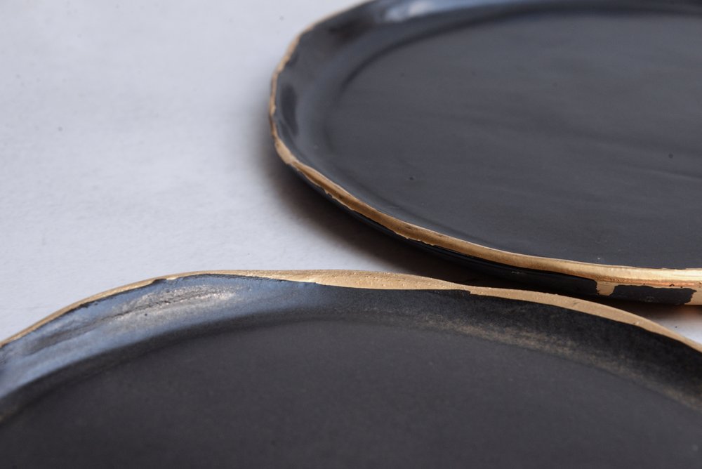 Dinner Set Black Stoneware With Gold Edge
