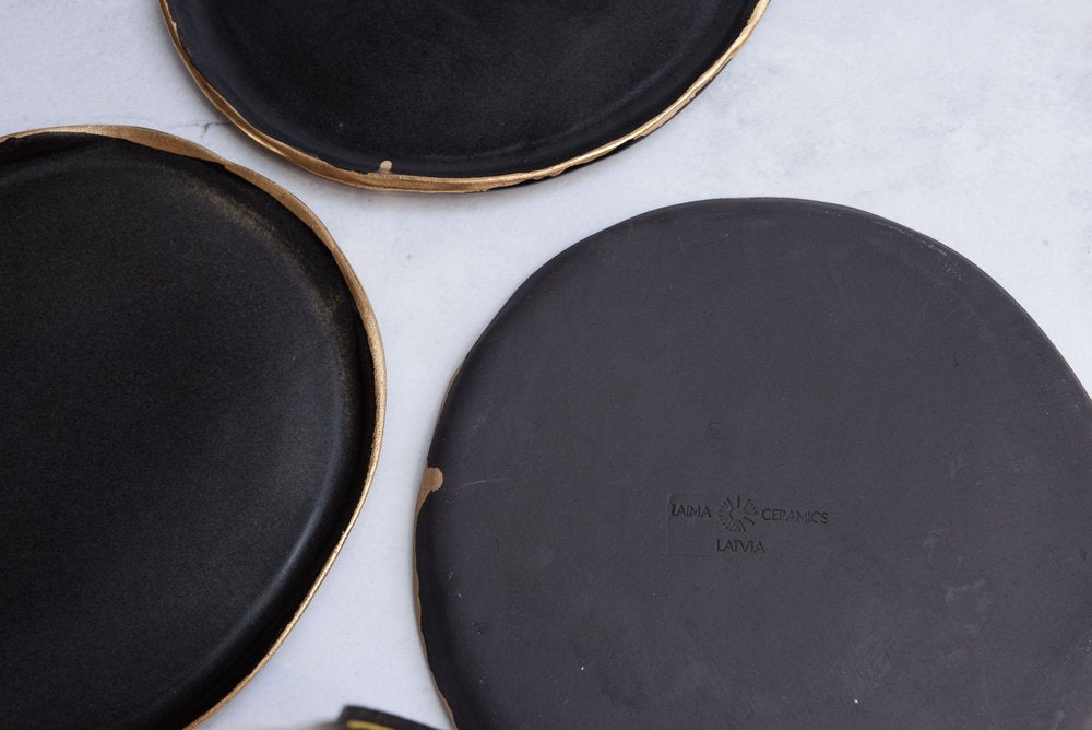 Dinner Set Black Stoneware With Gold Edge