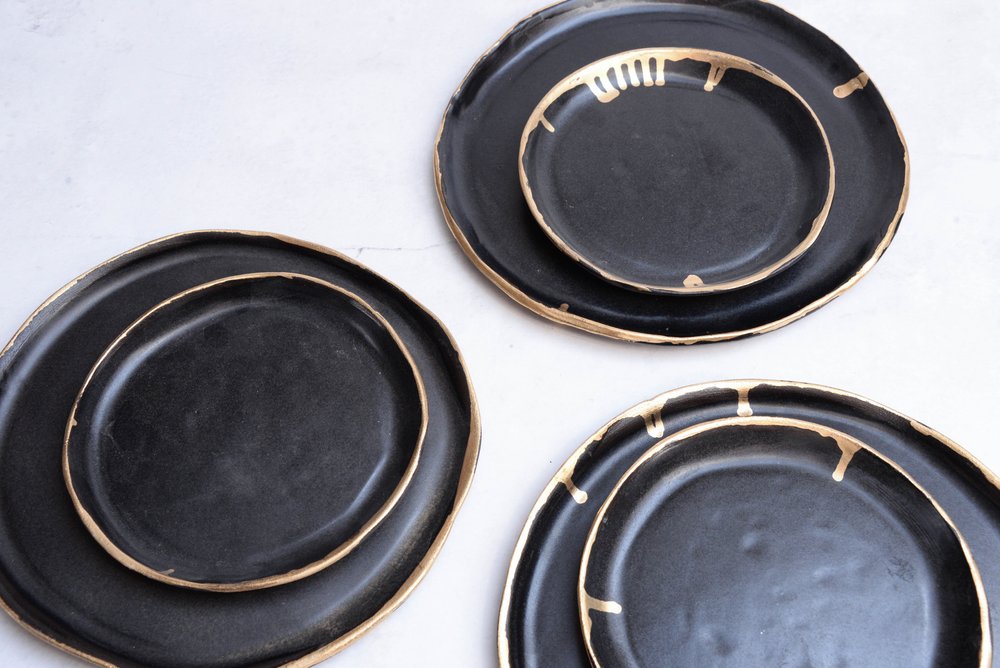 Dinner Set Black Stoneware With Gold Edge