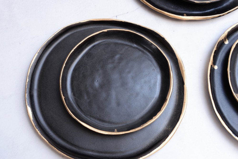 Dinner Set Black Stoneware With Gold Edge