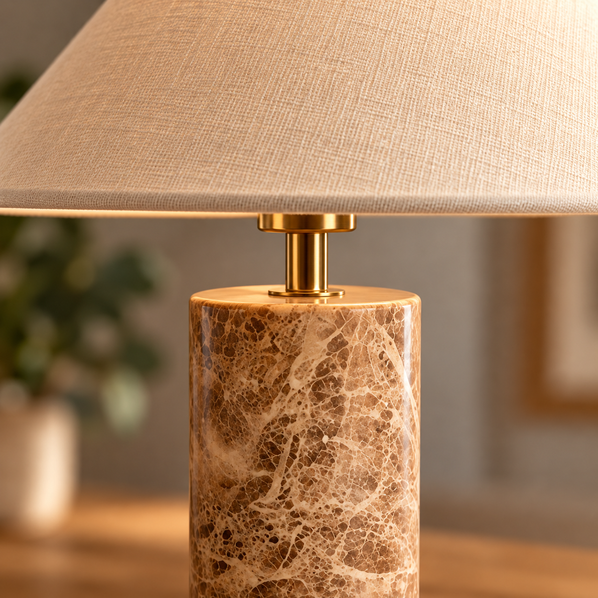 A close-up of a table lamp with a cylindrical marble base in warm brown and beige tones, topped with a gold-finished metal stem and a beige textured fabric lampshade.