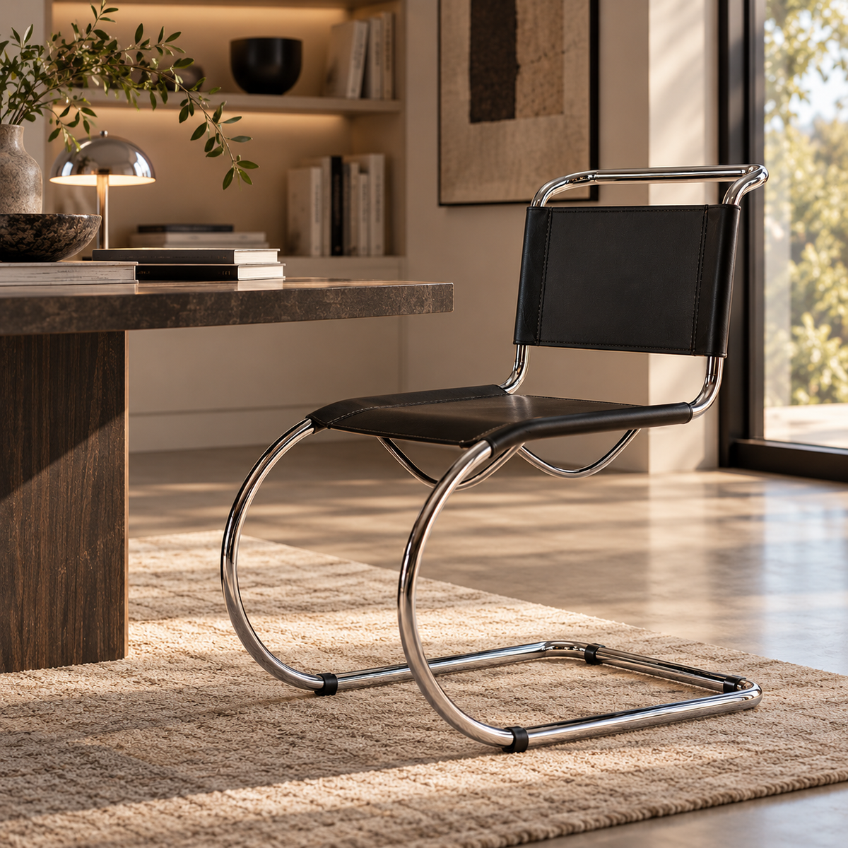 [color: noir] A modern cantilever chair with a black leather seat and backrest and a curved chrome metal frame, positioned on a beige rug in a bright, contemporary room.