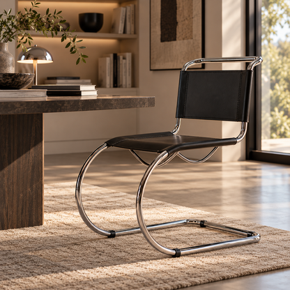 [color: noir] A modern cantilever chair with a black leather seat and backrest and a curved chrome metal frame, positioned on a beige rug in a bright, contemporary room.
