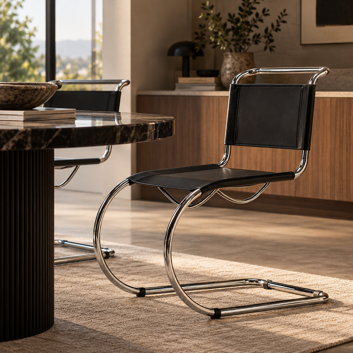 [color: noir] A modern cantilever chair with a black leather seat and backrest and a curved polished chrome base, positioned in a stylishly decorated room next to a marble-top dining table.