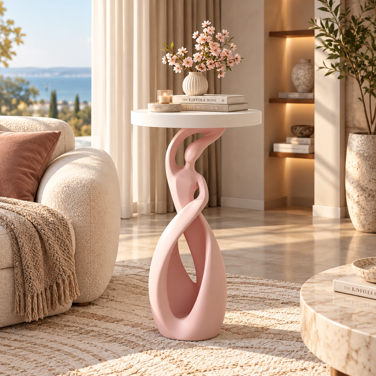 A modern pink sculptural side table with a round white top, styled in a bright, contemporary living room next to a beige armchair and with a vase of pink flowers on top.