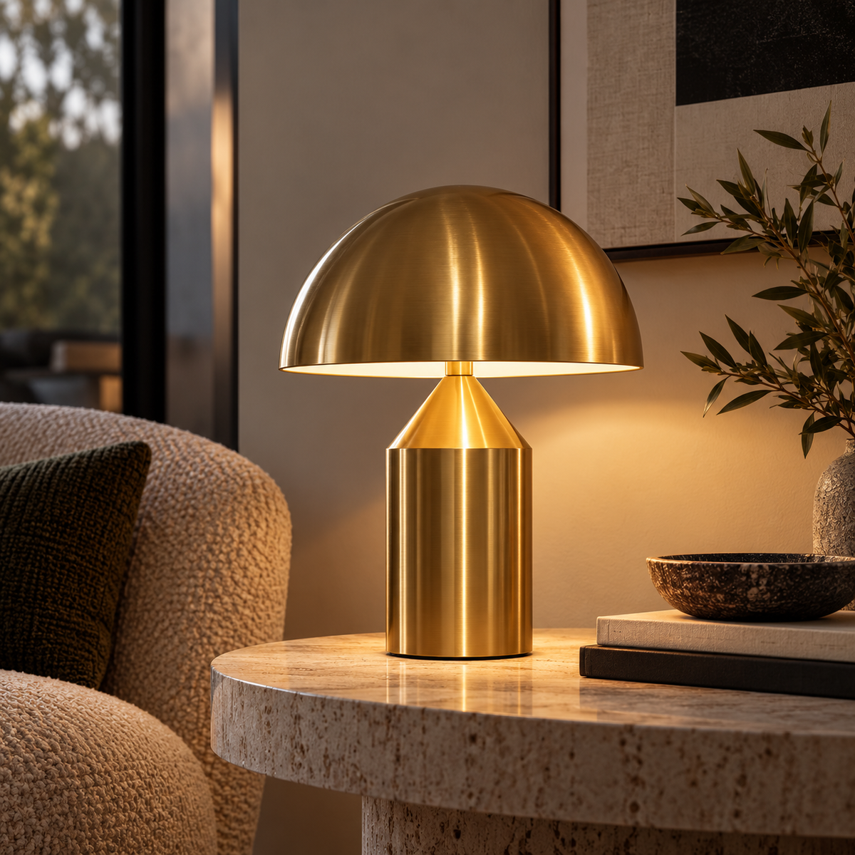 [color: gold] A modern table lamp with a brushed gold dome-shaped shade and matching cylindrical base, illuminated on a stone side table in a warm, contemporary living room setting.