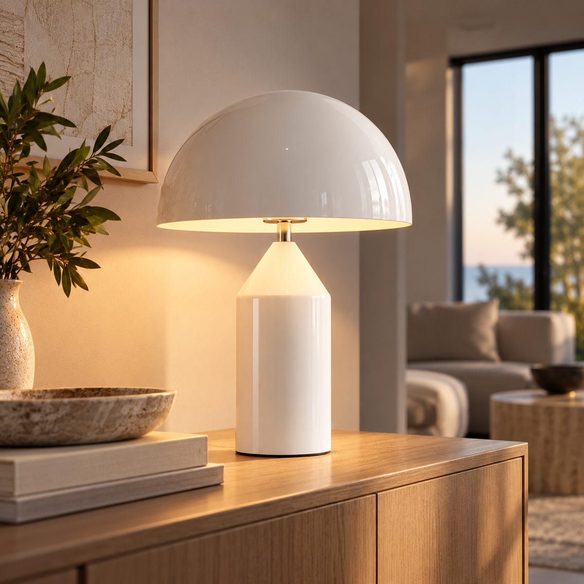 [color: white] A modern table lamp with a glossy white dome-shaped shade and a cylindrical white base sits on a wooden console table in a warm, softly lit living room.