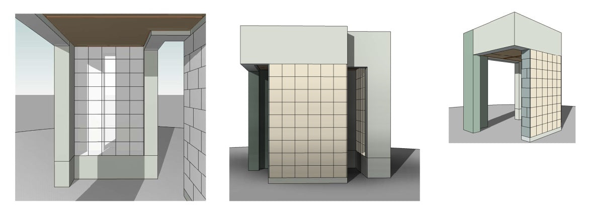 Architectural drawings showing three views of the proposed passage