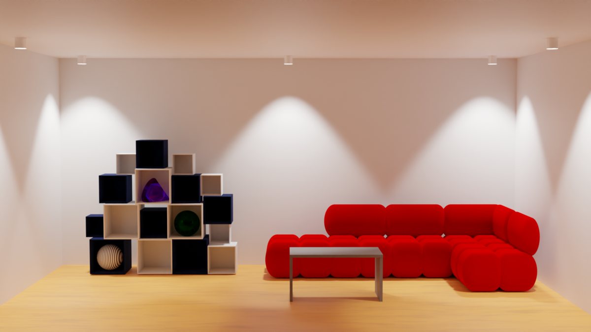 Lighting study 48: localised light lends a seating area an intimate evening atmosphere. Blender visualisation.