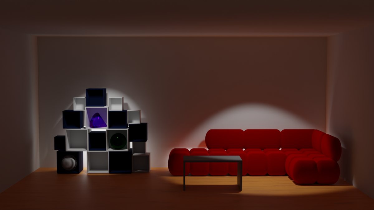 Lighting study 07: low-level illumination changes the balance of the room. Blender visualisation.