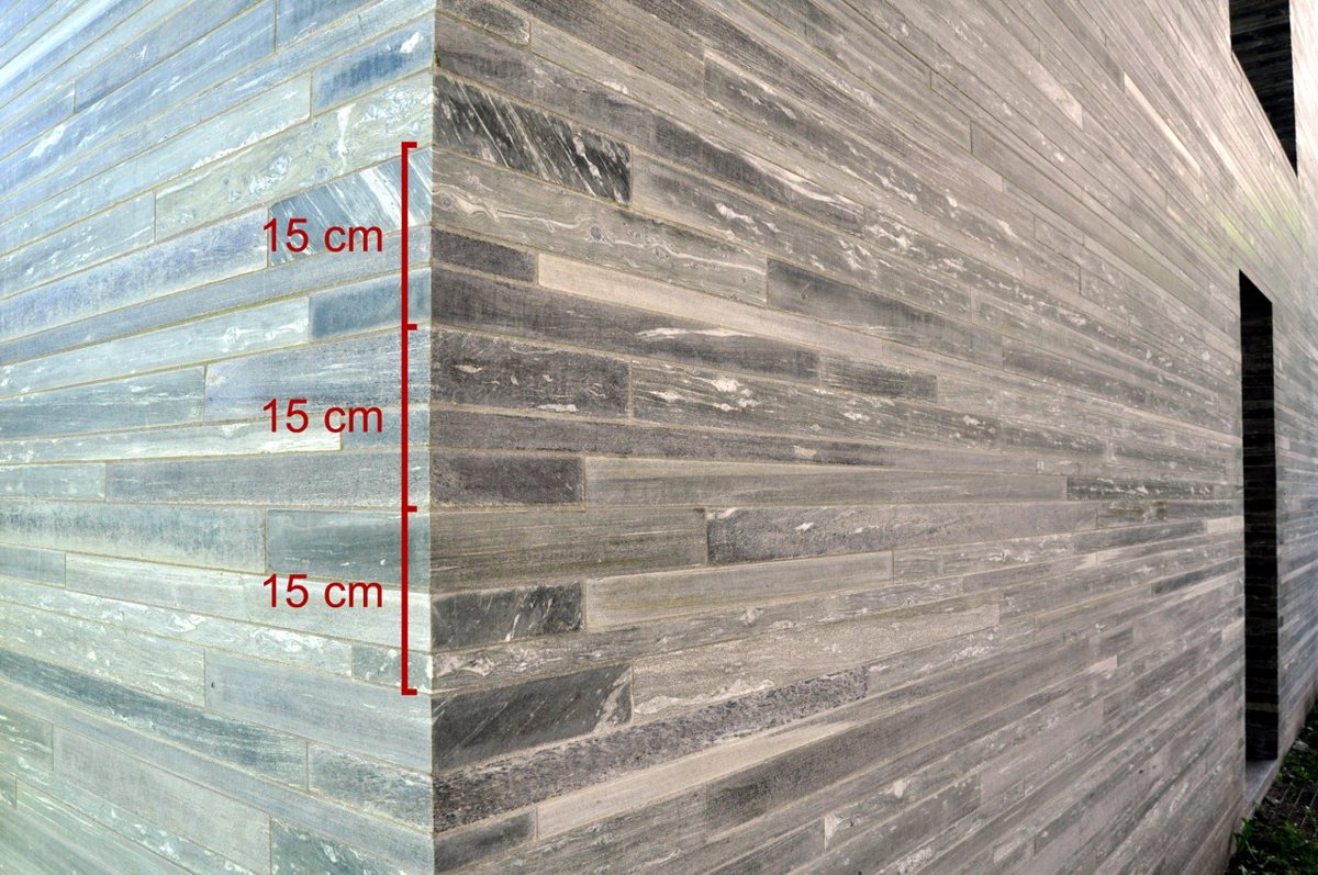 Therme Vals stone detail: the original measurement annotations make the construction rhythm visible.