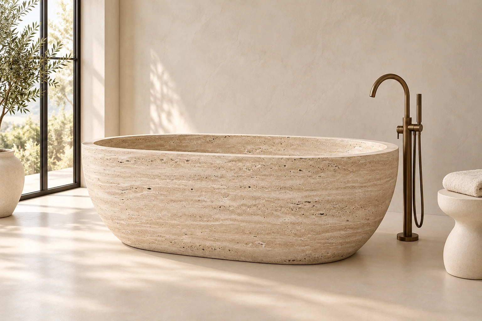 Rendered freestanding bathtub in Beige Travertine