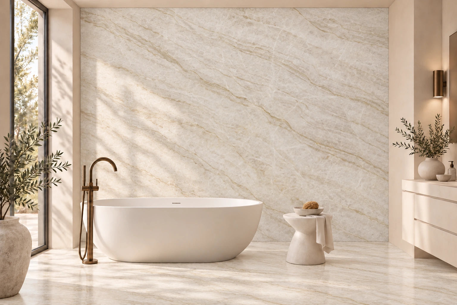 Luxury natural stone bathroom in Taj Mahal quartzite