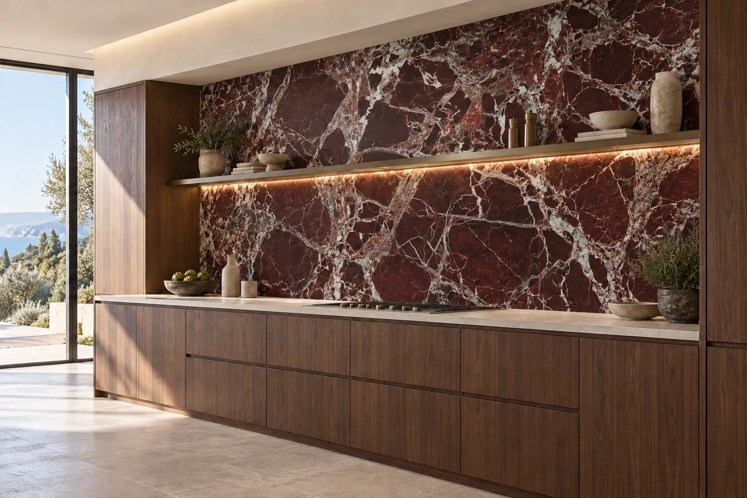 Conceptual visualization of Kitchen Backsplash in Rosso Levanto
