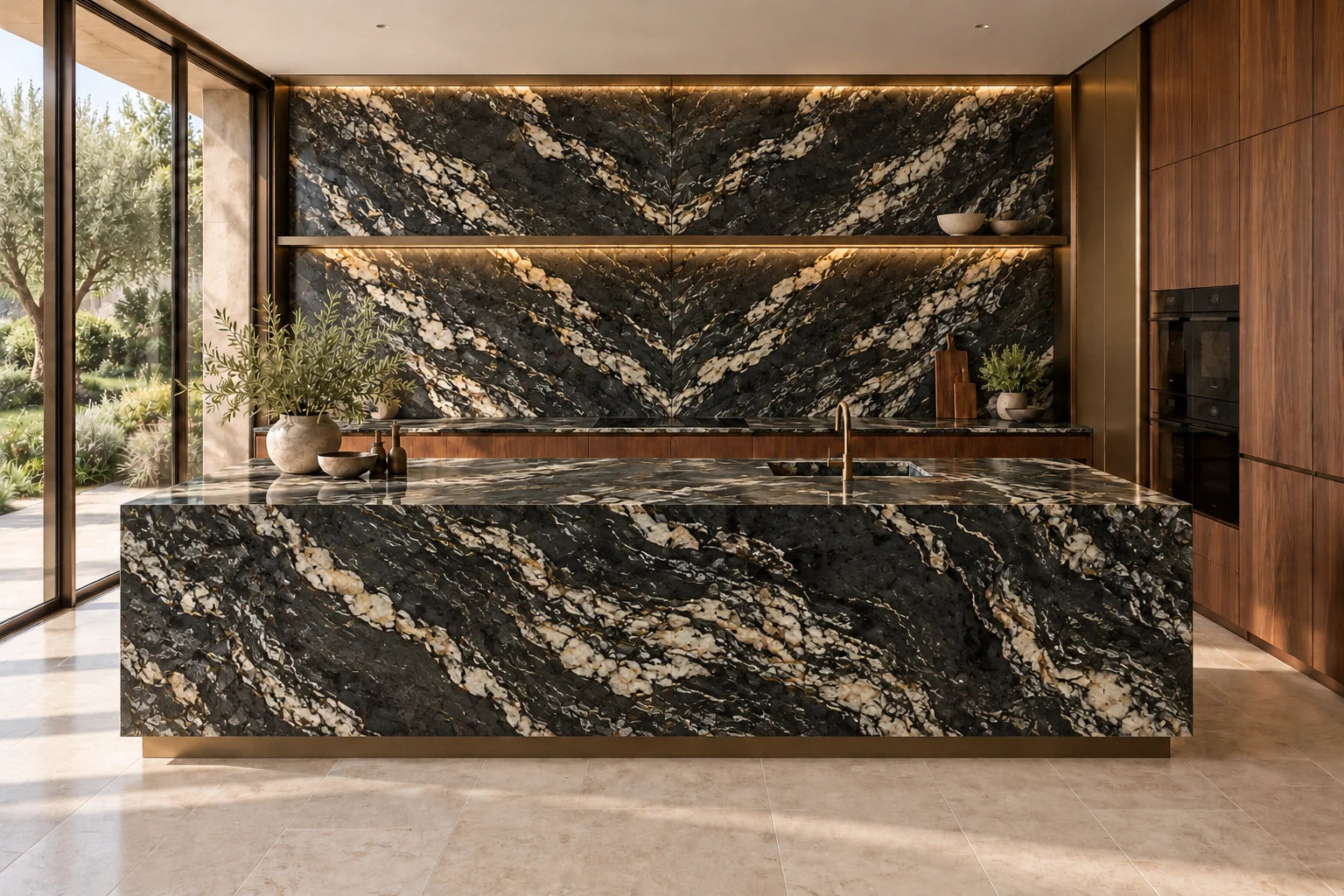 Conceptual visualization of Complete Stone Kitchen in Cosmic Gold Granite